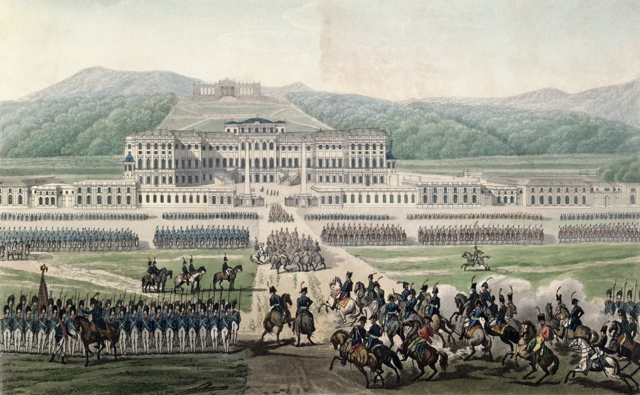 De aankomst van Napoleon Bonaparte (1769-1821) bij Schloss Schönbrunn, gegraveerd door Aubertin, ca. 1820 door Alexandre de la Borde