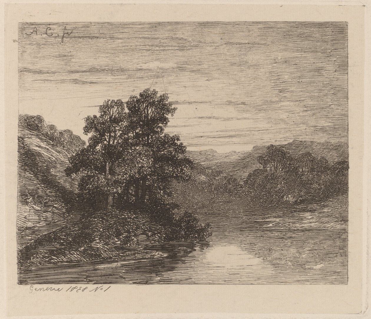 Bomen bij een rivier door Alexandre Calame