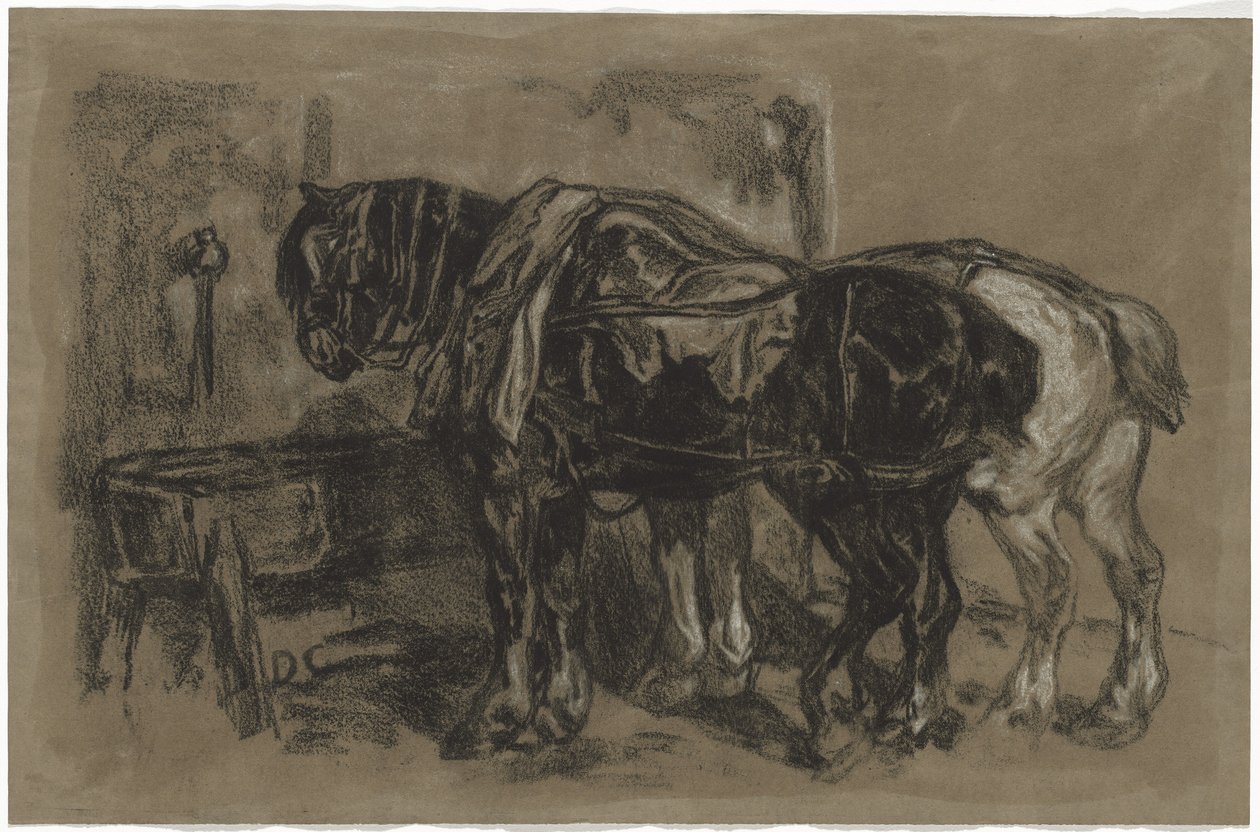 Twee Trekpaarden door Alexandre Gabriel Decamps