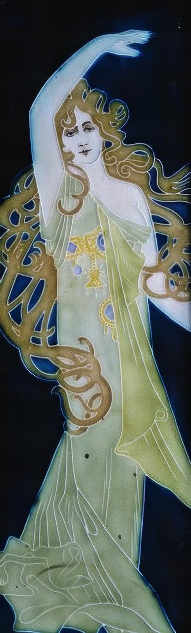 Modernistische emaille. Detail vrouwelijke figuur. door Alexandre de Riquer