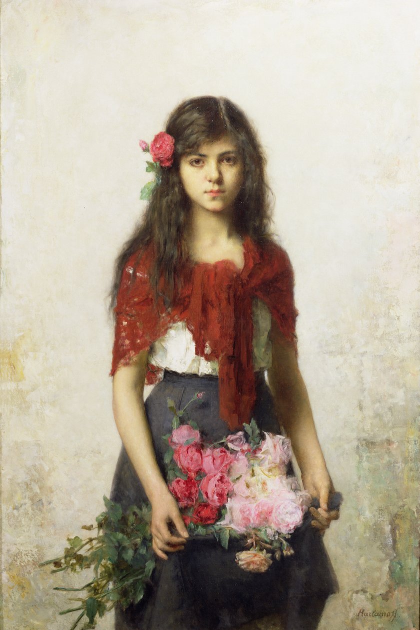 Jong meisje met bloemen door Alexei Alexevich Harlamoff