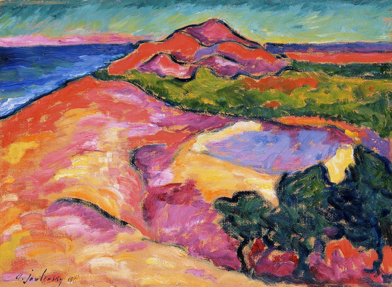 Kustscène met rode heuvel door Alexej von Jawlensky