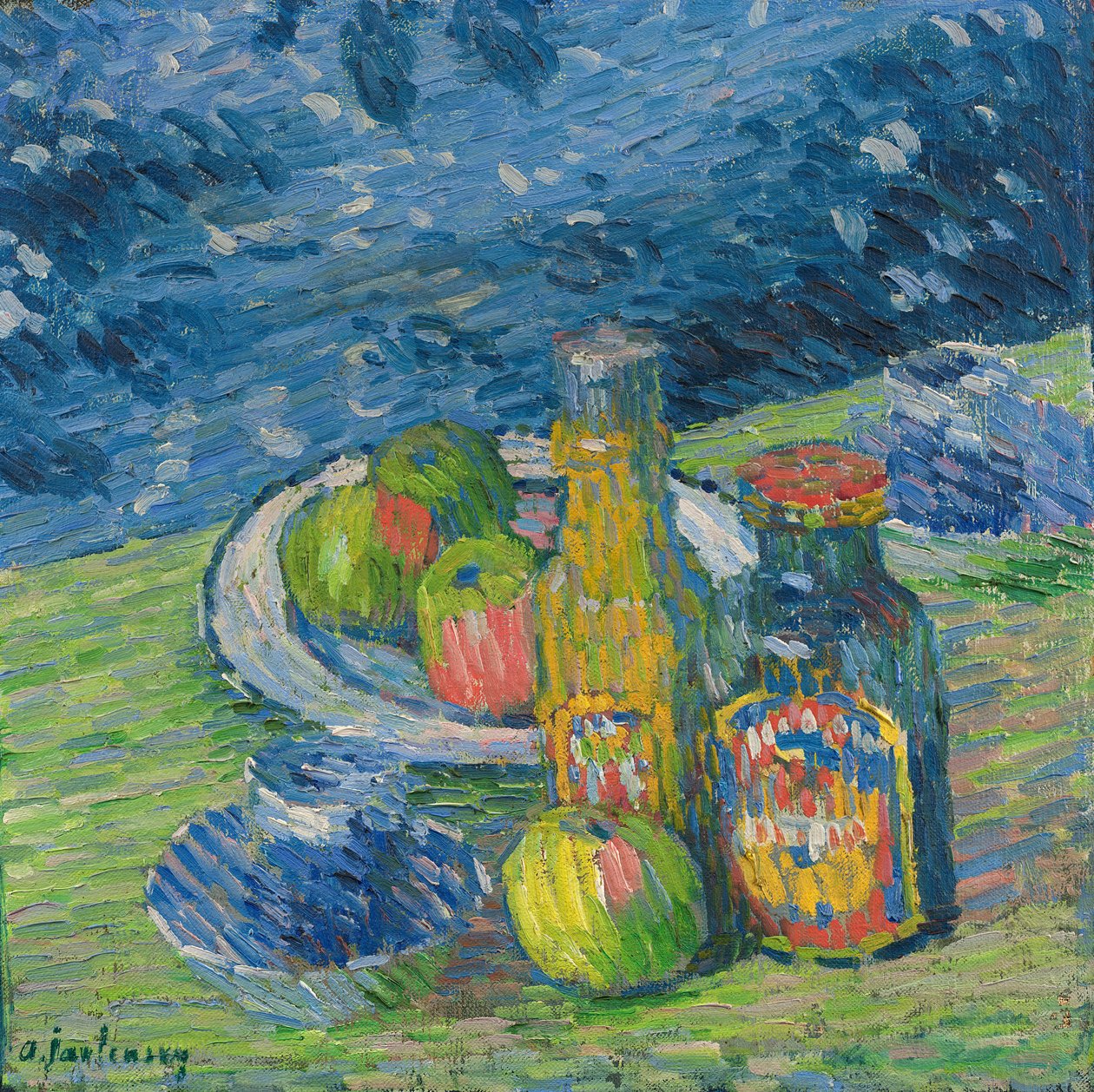 Stilleven met Flessen en Fruit door Alexej von Jawlensky