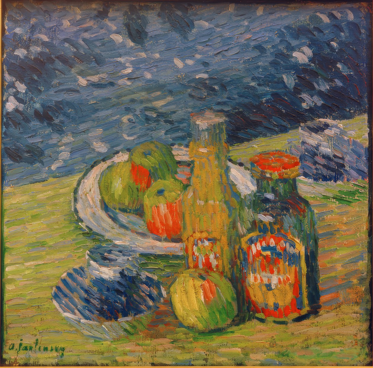 Stilleven met flessen, fruitschaal en kopje door Alexej von Jawlensky