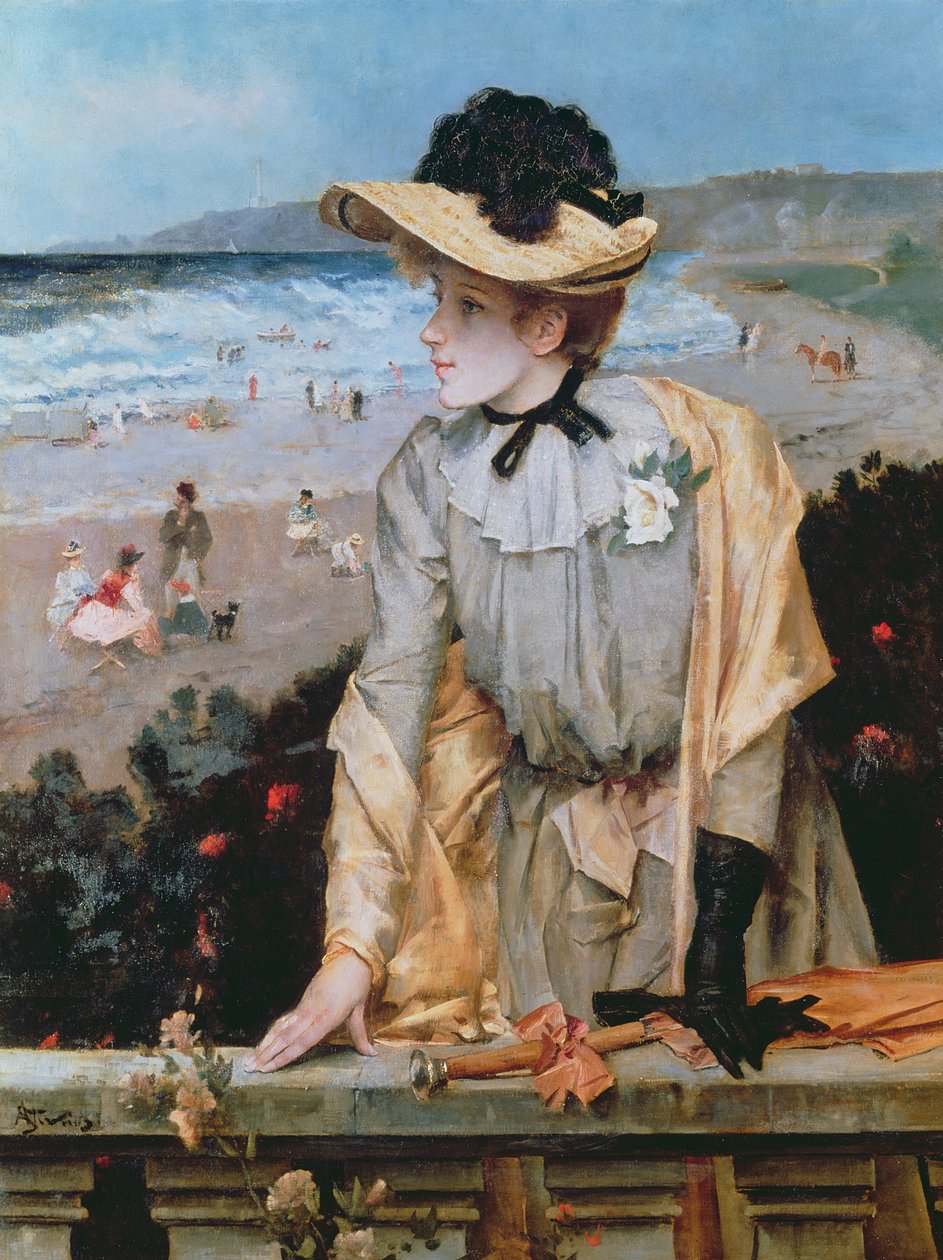 Jonge vrouw op het strand, of De Parijse aan zee door Alfred Emile Stevens