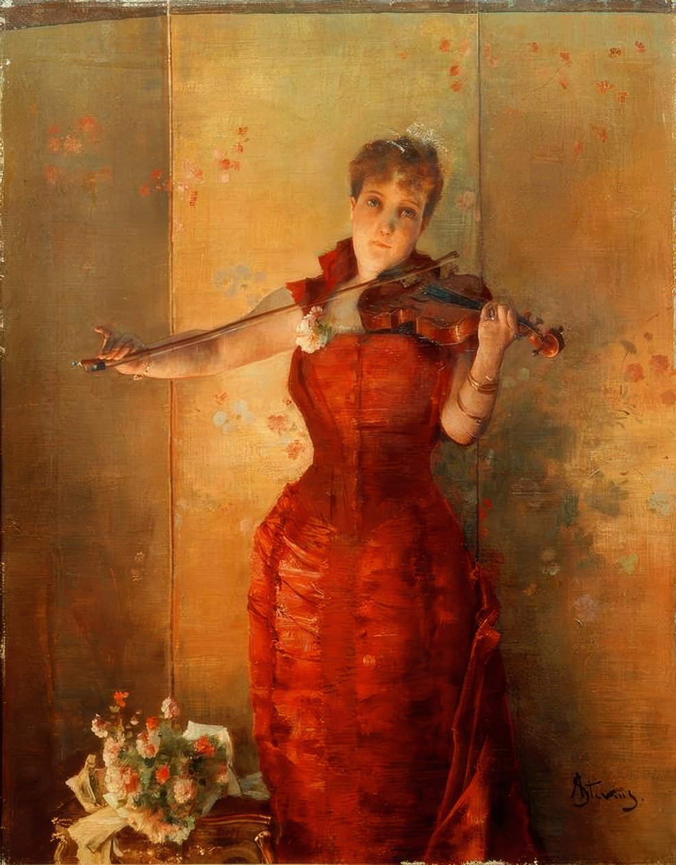 A. Stevens, De violiste door Alfred Emile Stevens