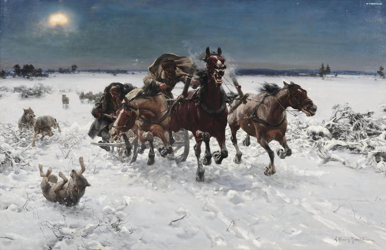 Jagende wolven door Alfred von Wierusz Kowalski