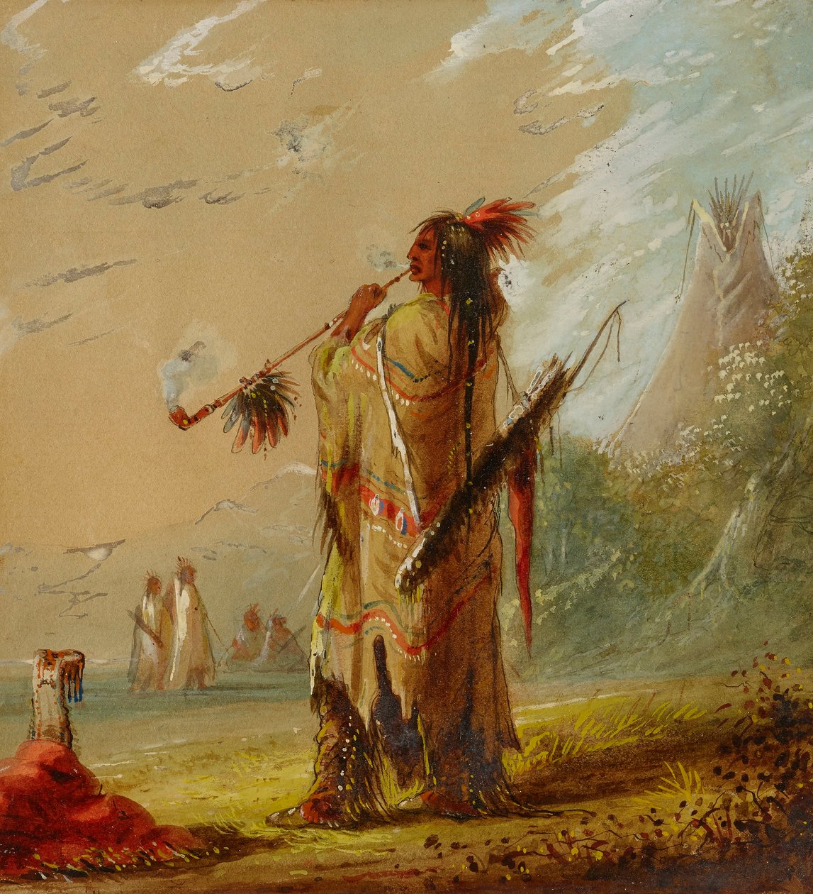 Een Shoshonee-indiaan rookt door Alfred Jacob Miller