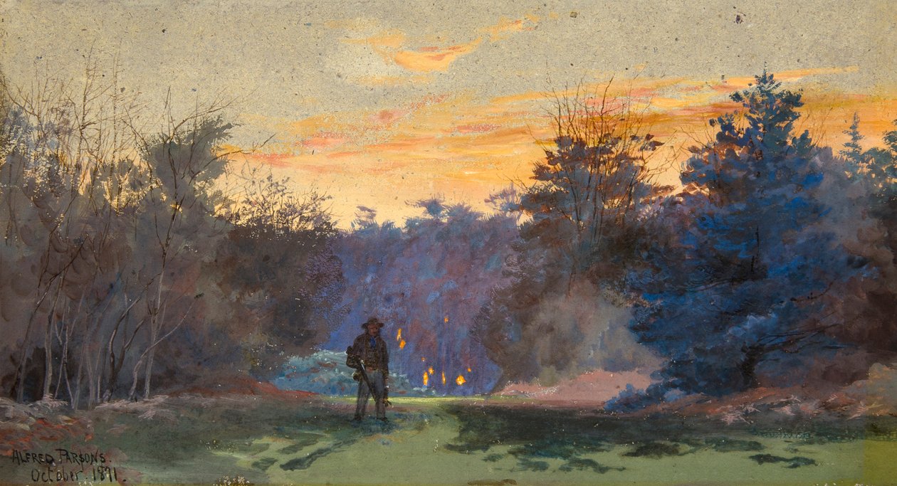 Jager in Zonsondergang Landschap door Alfred Parsons