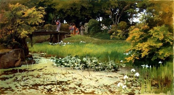 Vijver in de Tuin van Raku-Raku-Tei, Hikone door Alfred Parsons