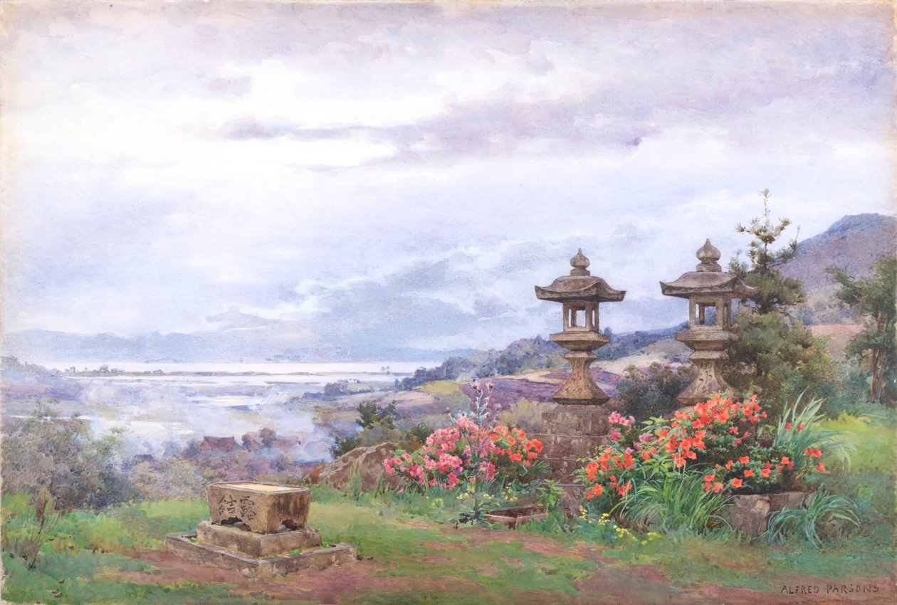 Zonsondergang over Lake Biwa, vanuit Tennenji door Alfred Parsons