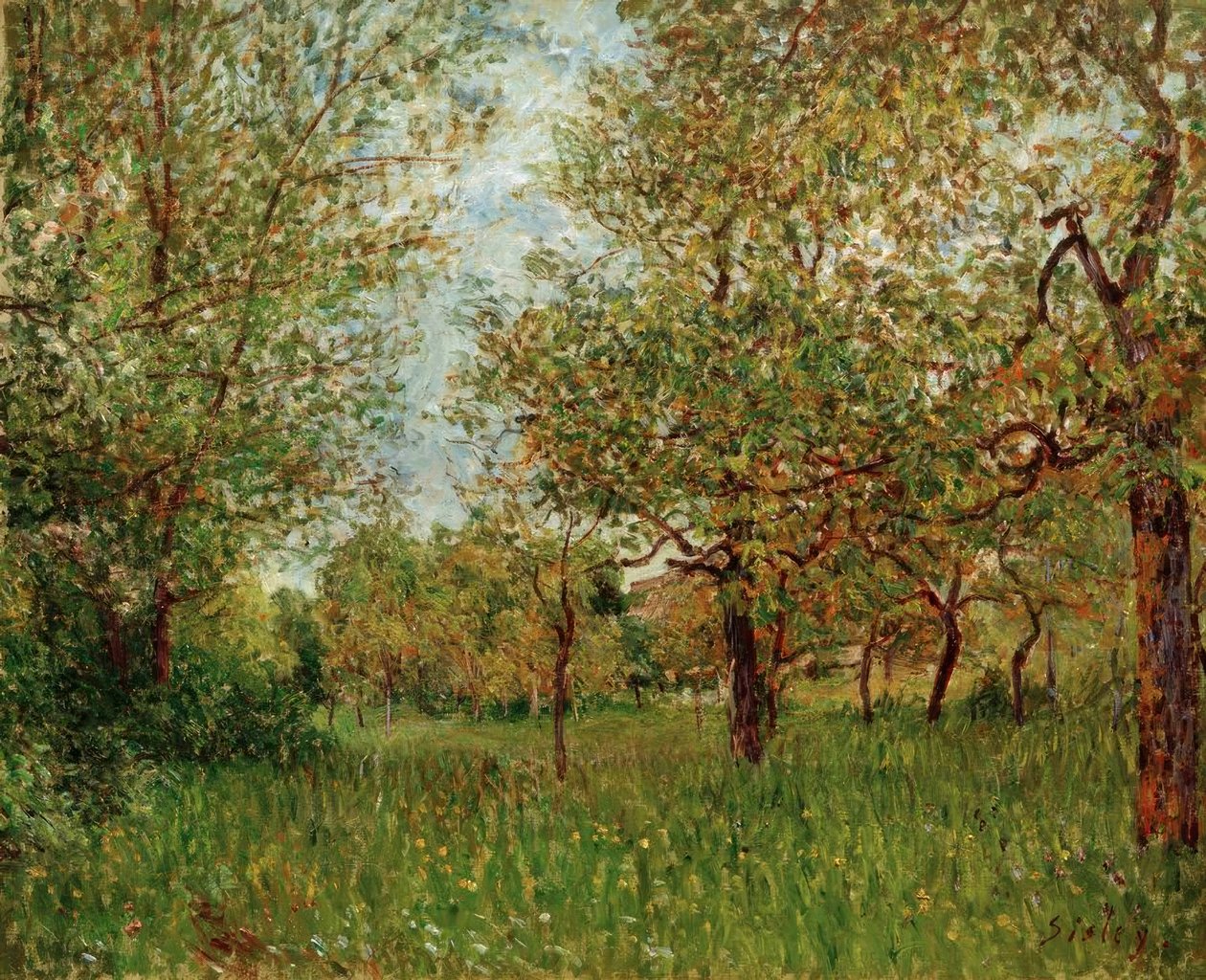 Klein weiland in By door Alfred Sisley