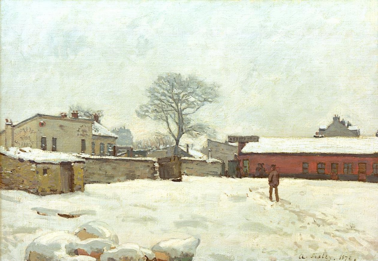 Onder de sneeuw, boerenerf in Marly-le-Roi door Alfred Sisley