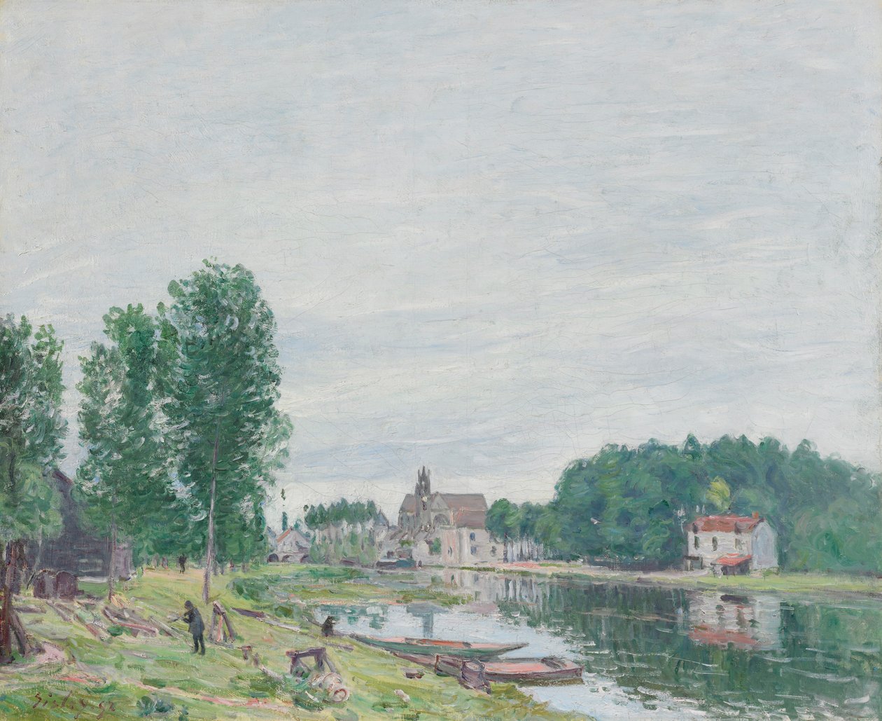 De Matrat-scheepswerf, Moret-Sur-Loing, regenachtig weer door Alfred Sisley