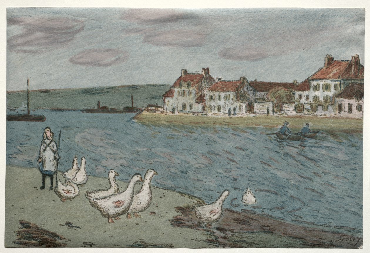 De rivierbank of ganzen door Alfred Sisley