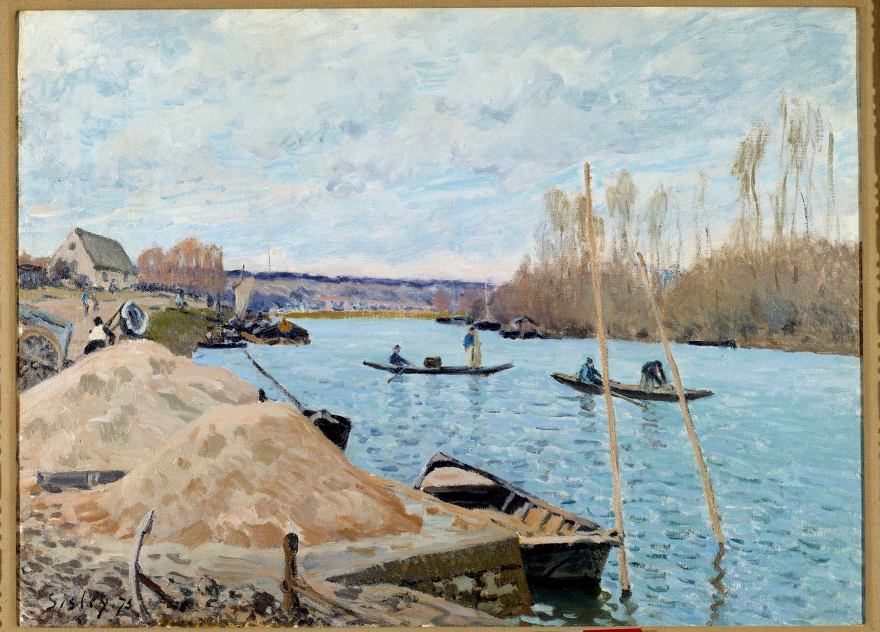 De Seine in Port, Marly, zandhoop door Alfred Sisley