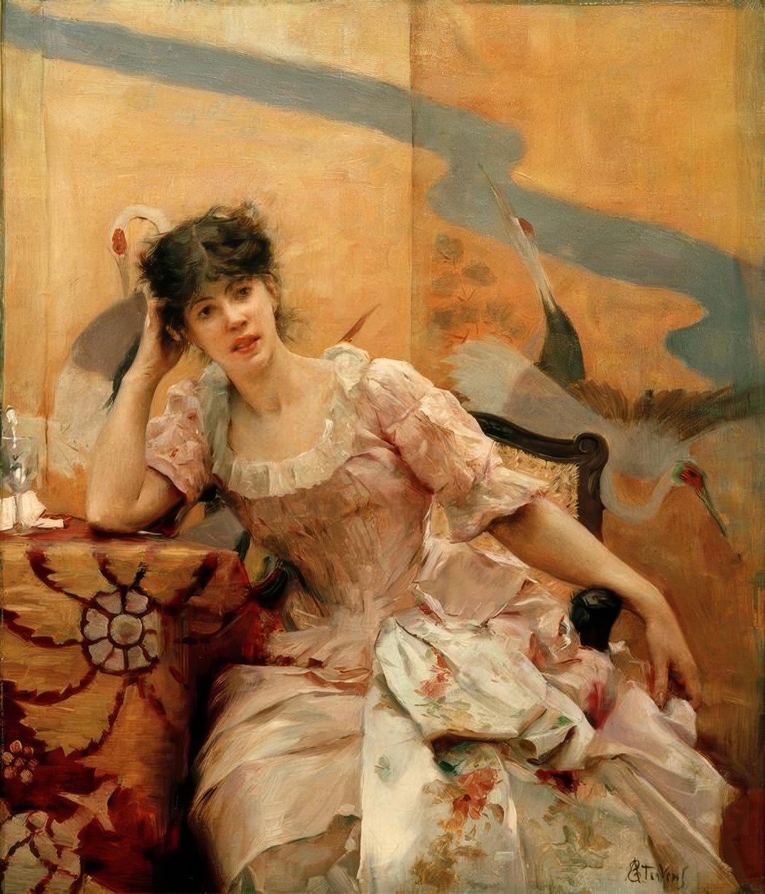 A. Stevens, Jonge vrouw en Japanse kamerscherm door Alfred Emile Stevens