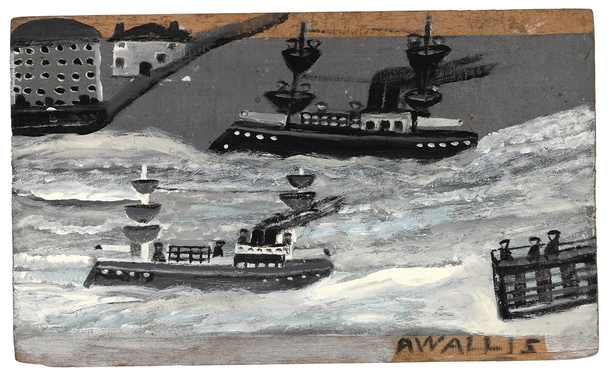 Kanonneerboten in oorlogstijd, ca 1855-1942 (olieverf op paneel) door Alfred Wallis