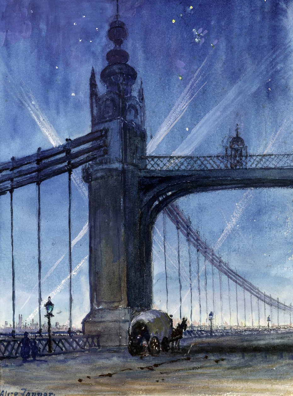Oorlogstijd Schijnwerpers vanaf Chelsea Bridge, c.1917 door Alice Maud Fanner