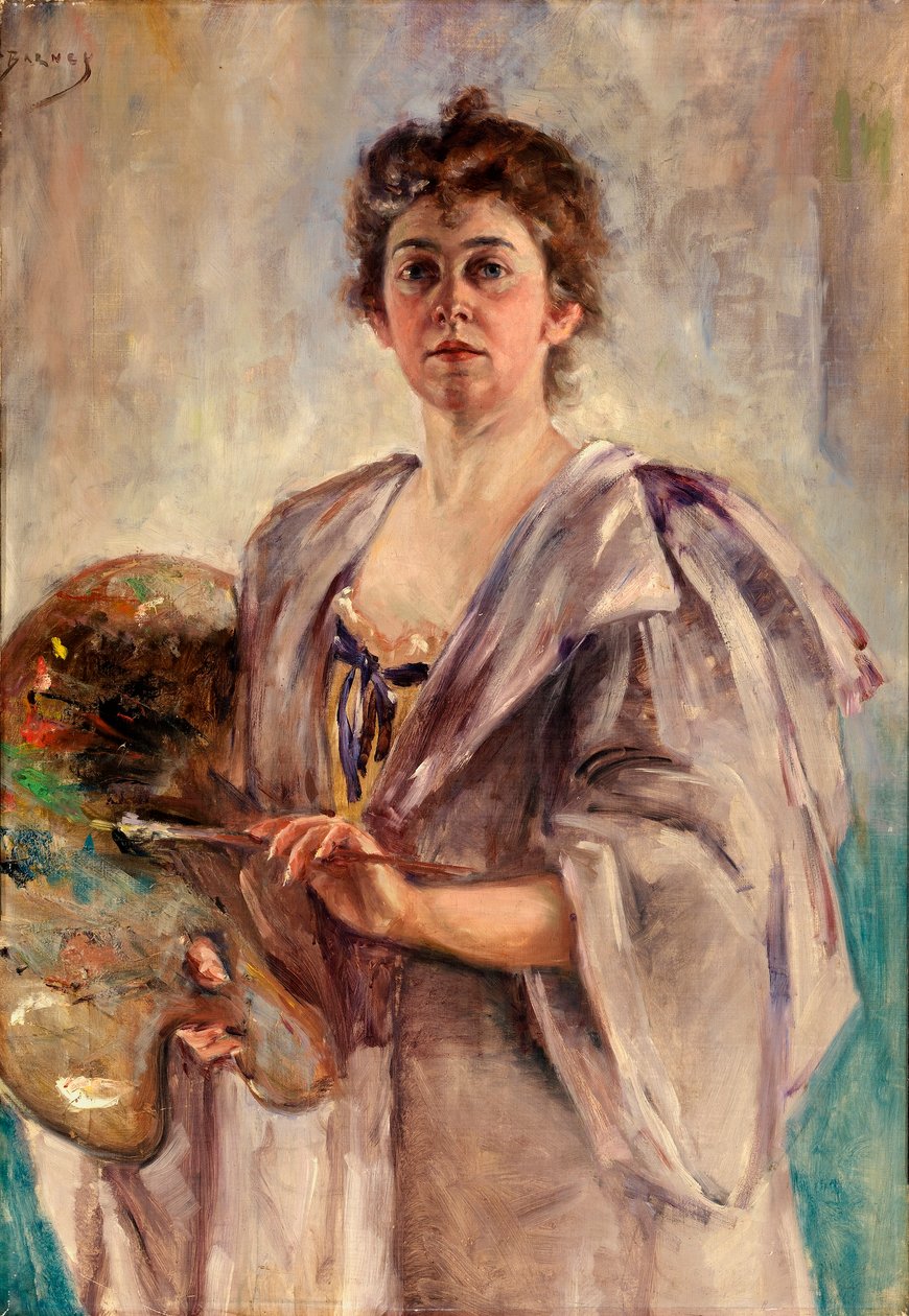 Zelfportret in schildersmantel door Alice Pike Barney