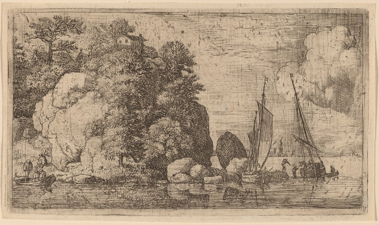 Twee Boten op een Brede Rivier door Allart van Everdingen
