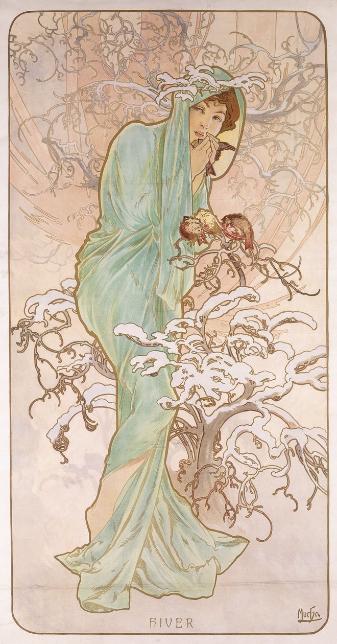 Winter; Hiver, ca. 1896 door Alphonse Mucha