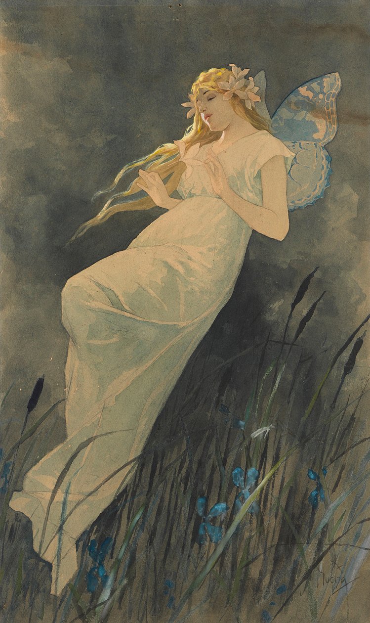 Elf met irisbloemen, ca. 1886-1890 door Alphonse Mucha