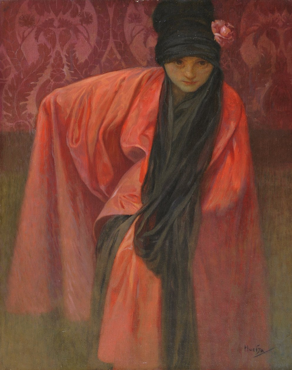 Meisje in rood, ca. 1914 door Alphonse Mucha