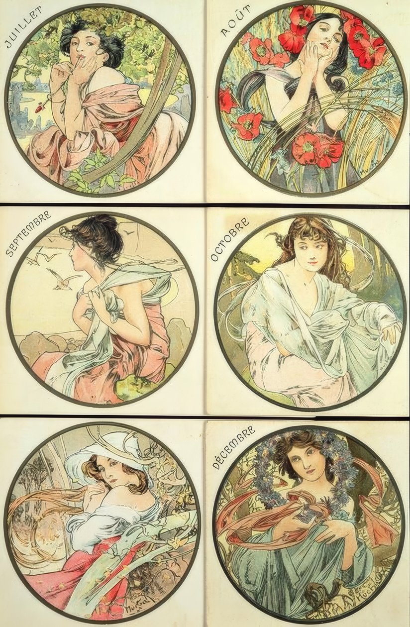 Juli / Augustus / September / Oktober / November / December door Alphonse Mucha
