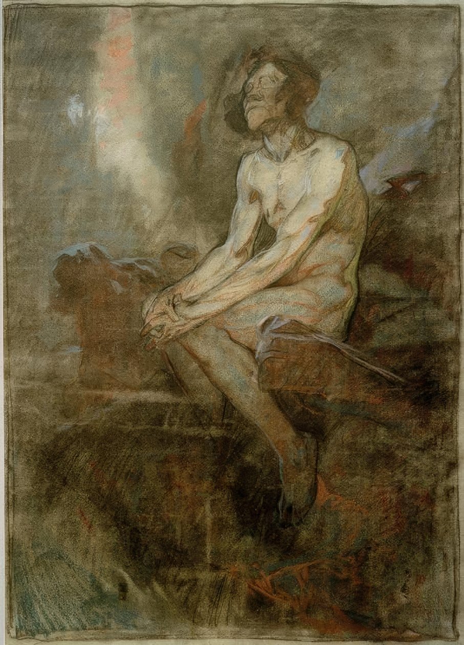 Mannelijk naakt zittend op een rots door Alphonse Mucha