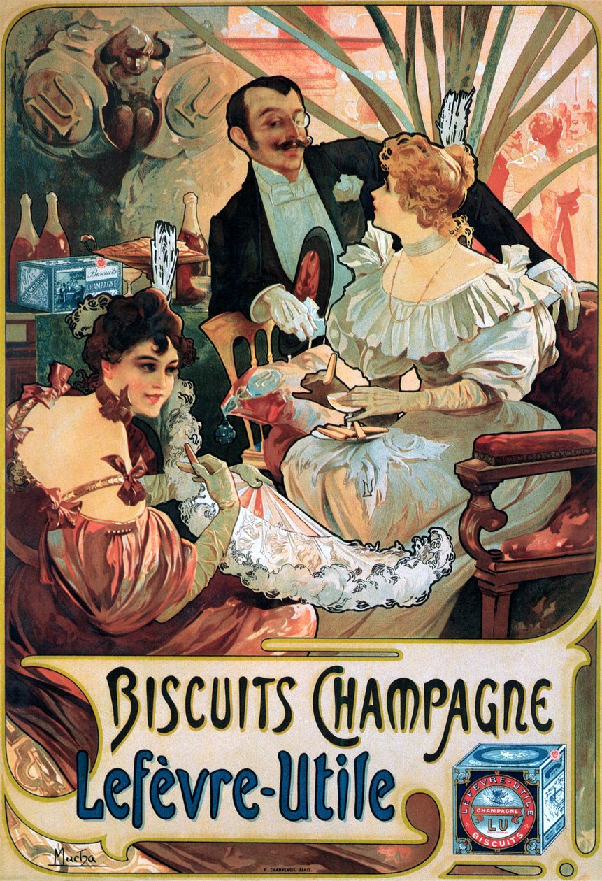 Poster die Biscuits Champagne Lefèvre-Utile adverteert door Alphonse Mucha