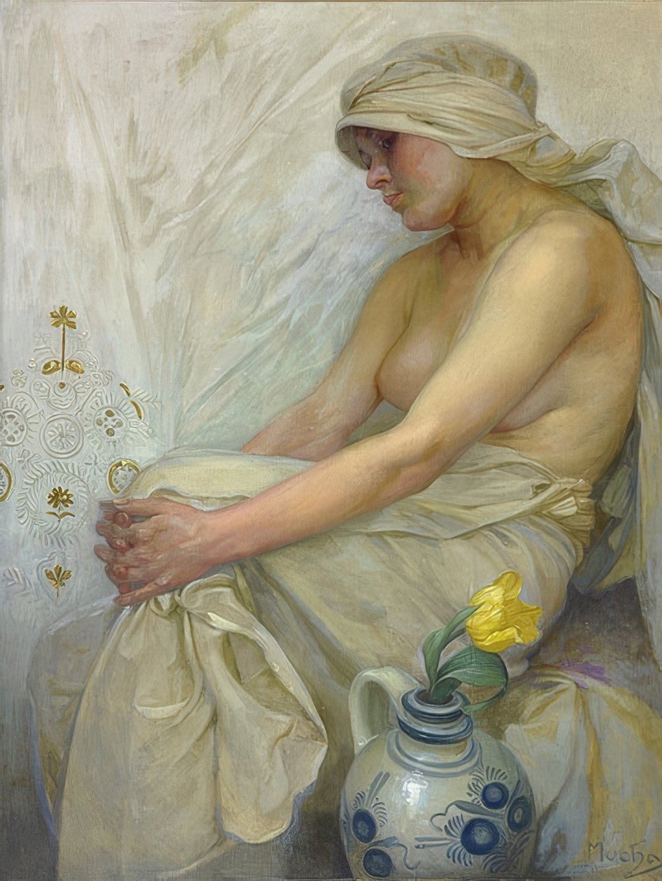 Zittend meisje. Rond 1914 door Alphonse Mucha