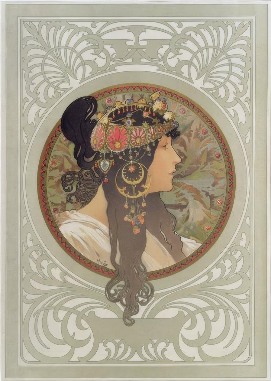 Byzantijns hoofd: Brunette door Alphonse Mucha