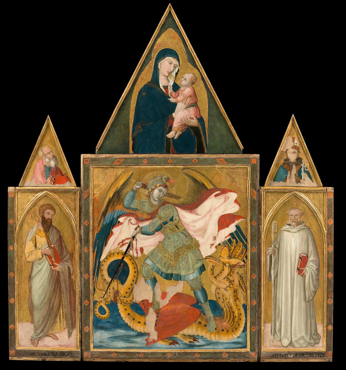 Ambrogio Lorenzetti - Rofeno Abdij Polyptiek. Sint Michaël de Aartsengel die de Draak doodt tussen Heiligen Bartholomeus door Ambrogio Lorenzetti