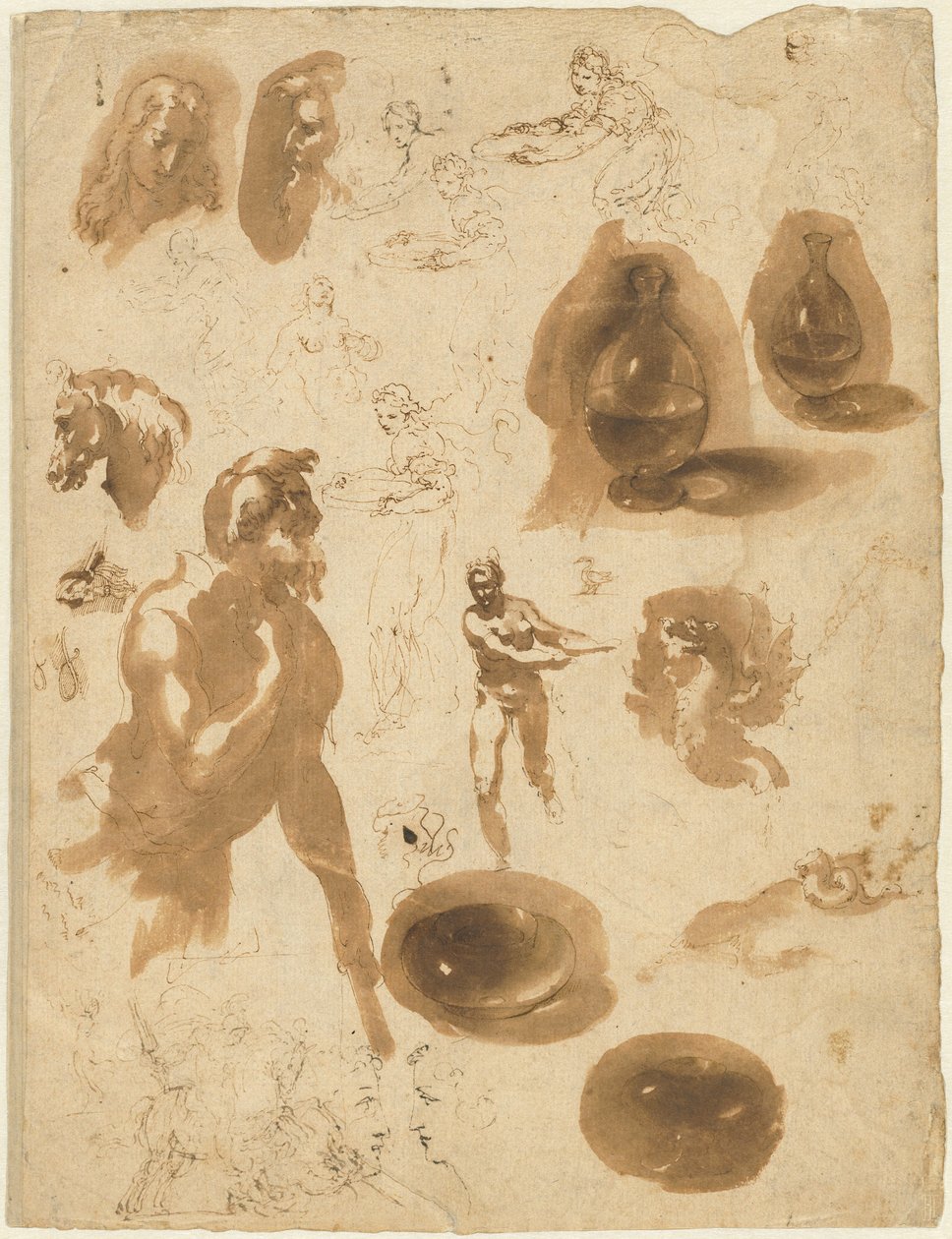 Studies van Glazen Potten en Figuren (recto) door Ambrogio Figino