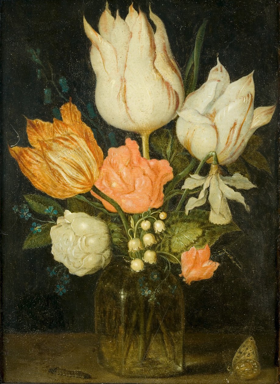 Bloemen in een vierkant glazen vaasje door Ambrosius the Elder Bosschaert