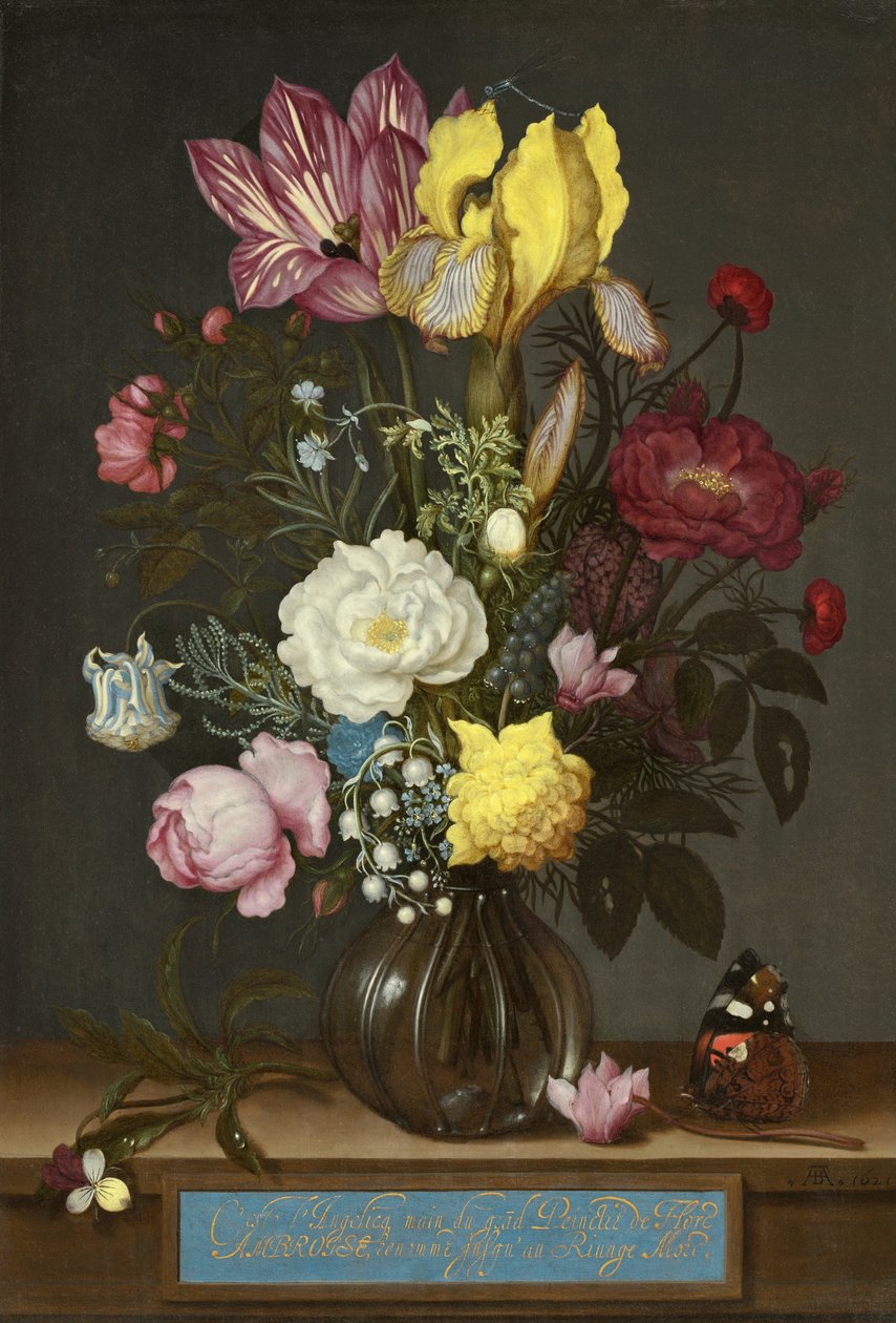 Boeket bloemen in een glazen vaas door Ambrosius Bosschaert