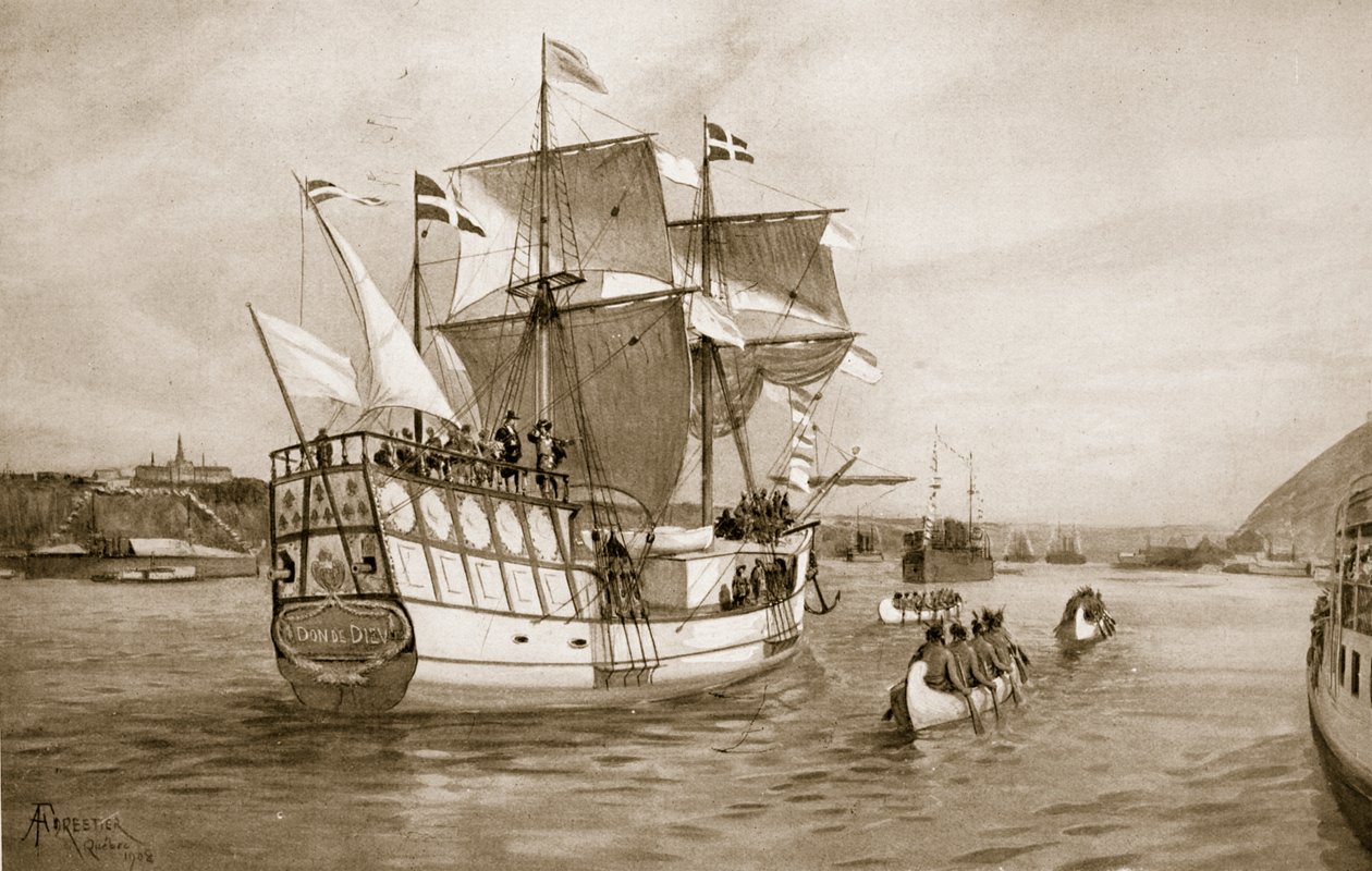 De viering van Quebec, 1908: Het schip van Champlain nadert de stad door Amedee Forestier