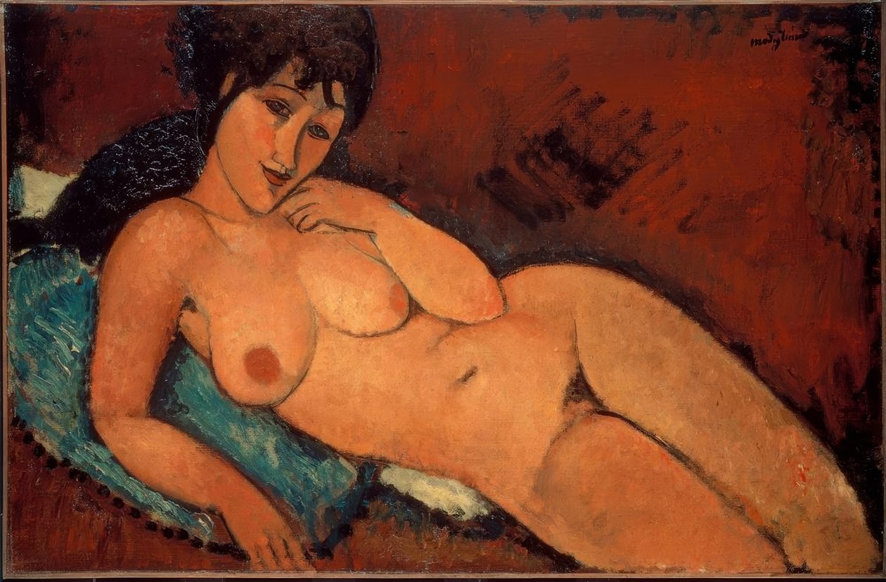 Naakt op blauw kussen door Amedeo Modigliani