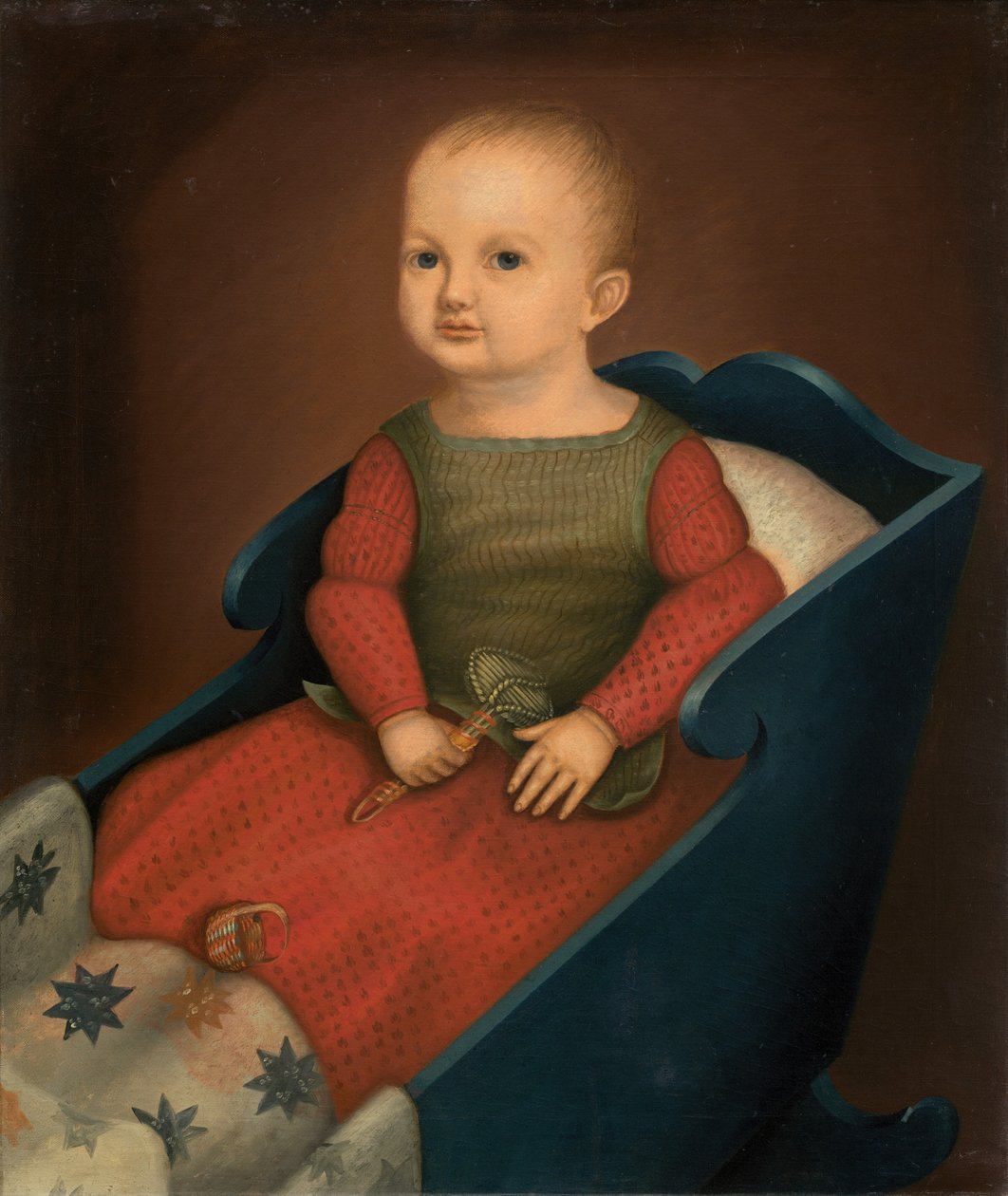 Baby in Blauwe Wieg door American 19th Century