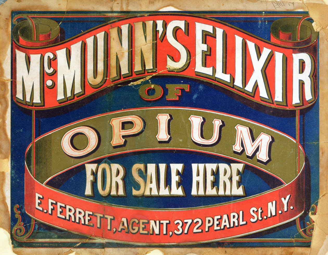 Poster die McMunns Elixir of Opium adverteert door American School