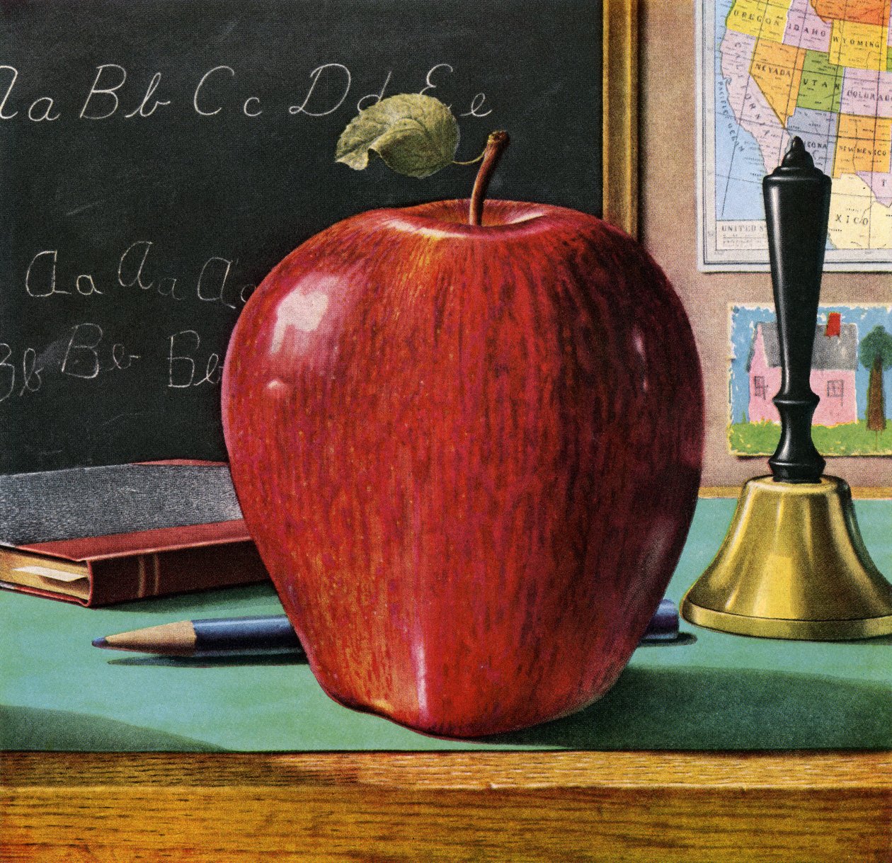Rode heerlijke appel op het bureau van een leraar door American School