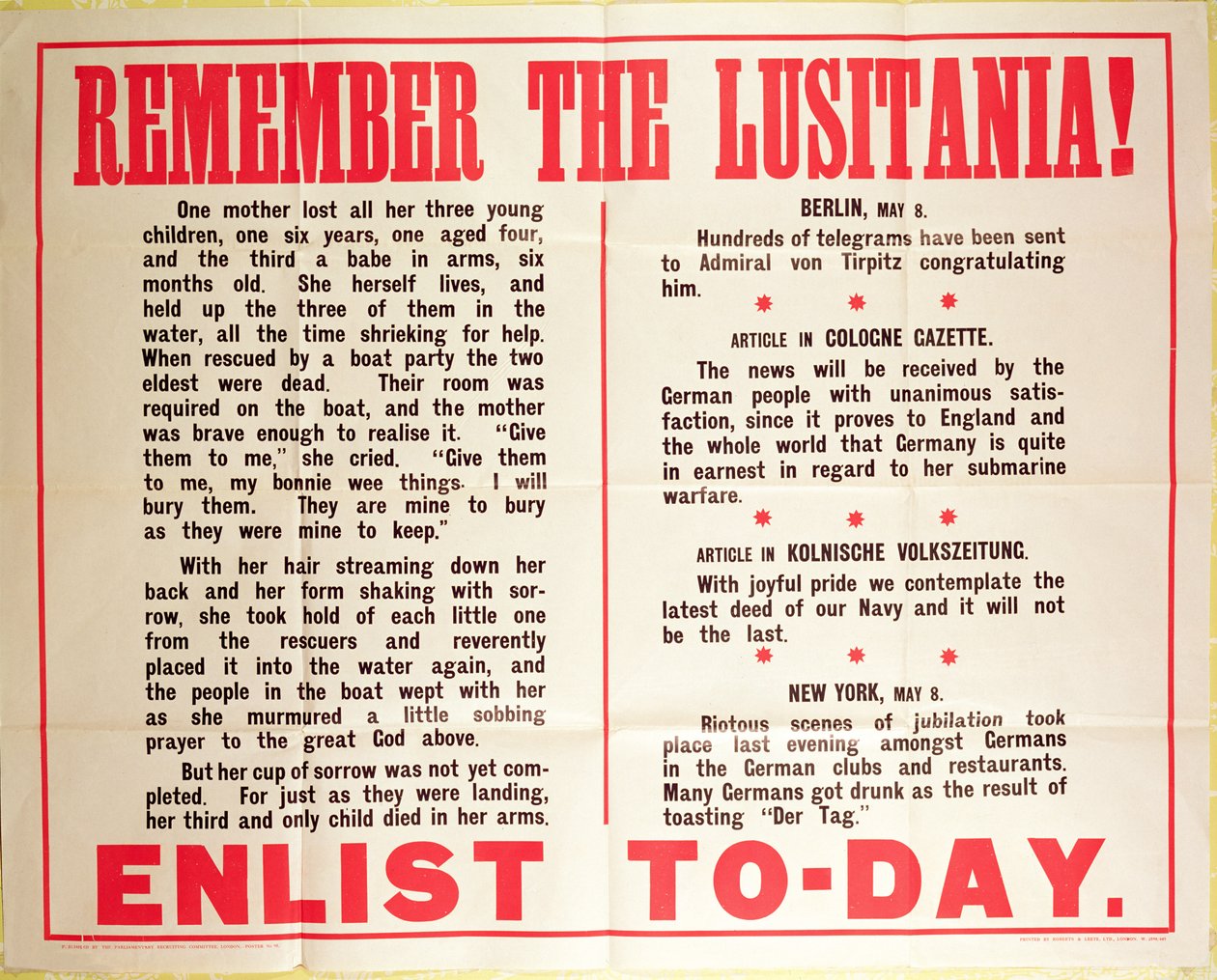 "Remember the Lusitania" WWI wervingsposter door American School