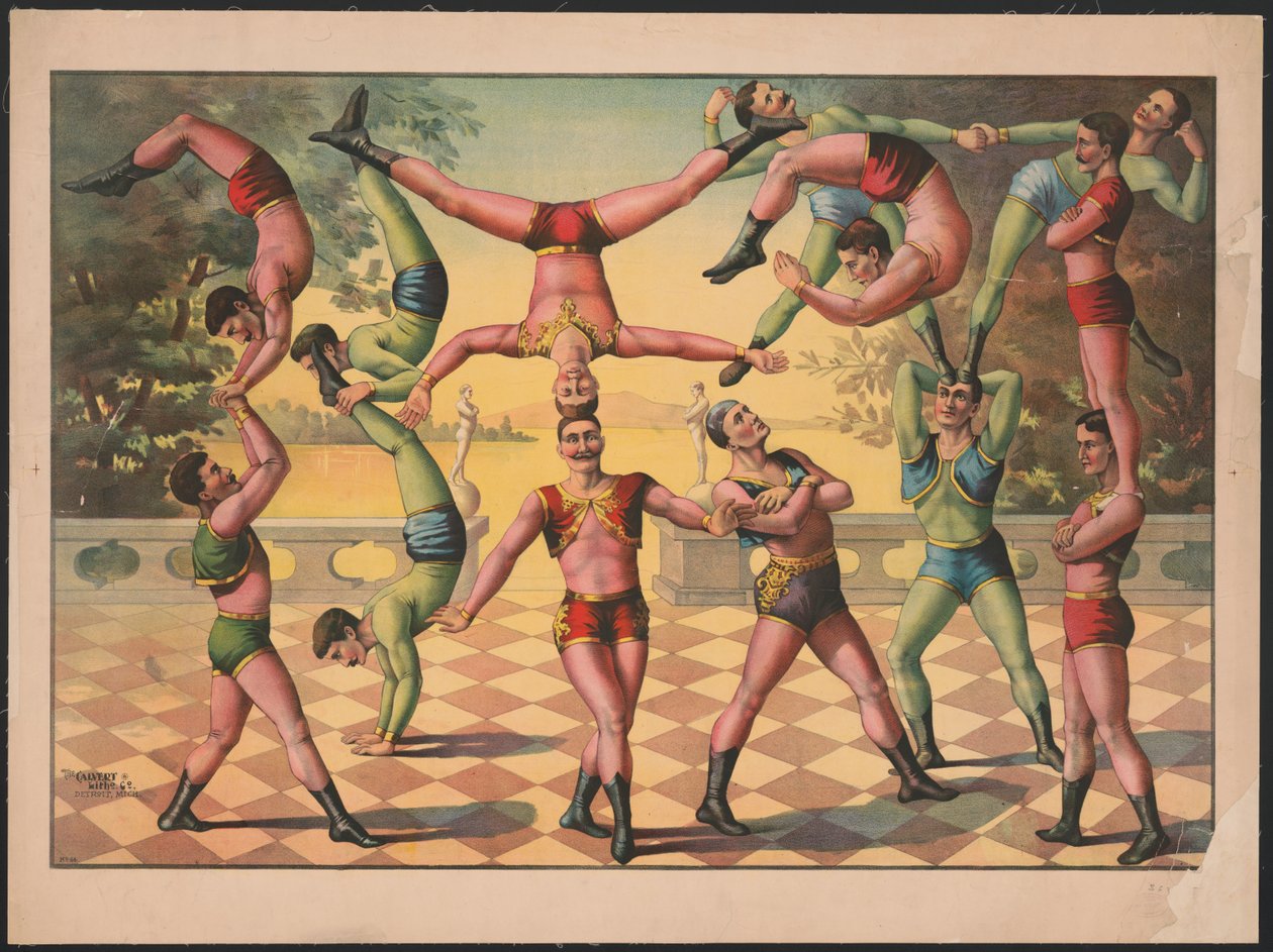 Dertien mannen doen aan acrobatiek, c.1891 (kleurenlitho) door American School