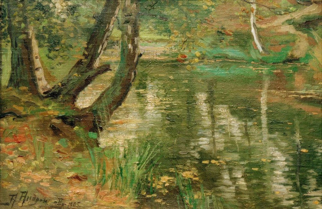 Zomerse Rivierlandschap met Bomen door Anatolij Fedorovich Andronov