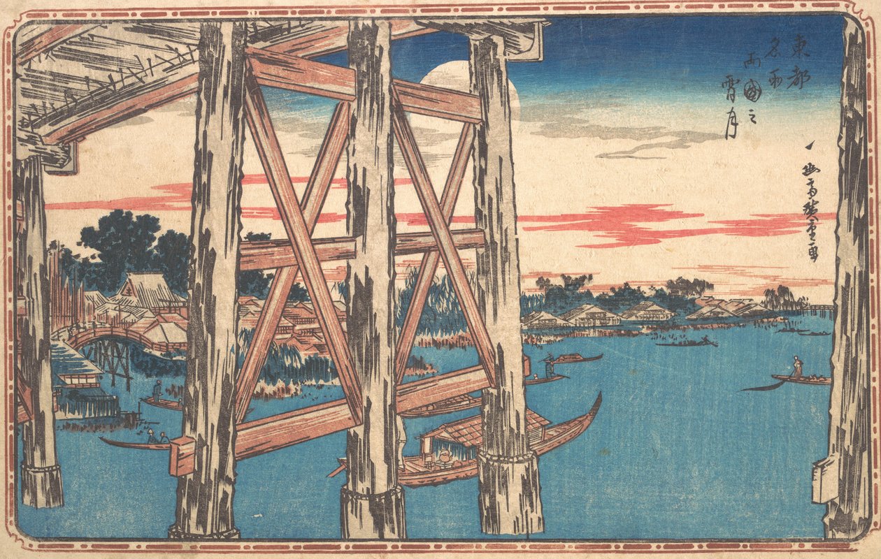 Schemering Maan bij Ryogoku Brug door Ando Hiroshige