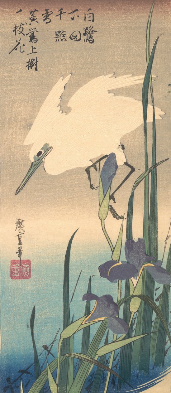 Witte reiger en iris door Ando Hiroshige