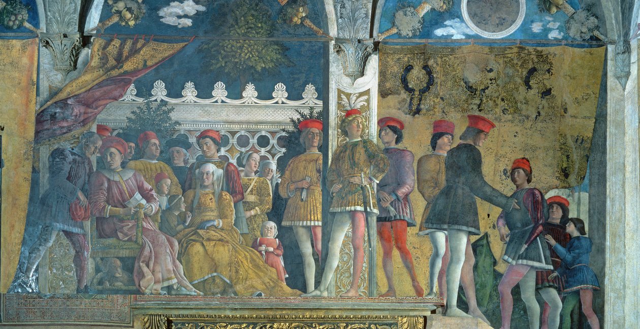 Marchese Ludovico Gonzaga III, zijn vrouw Barbara van Brandenburg, hun kinderen, hovelingen en hun hond Rubino, uit de Camera degli Sposi of Camera Picta, 1465-74 door Andrea Mantegna