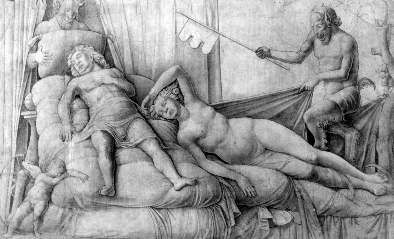 Naakte vrouw slapend met Cupido en saters door Andrea Mantegna