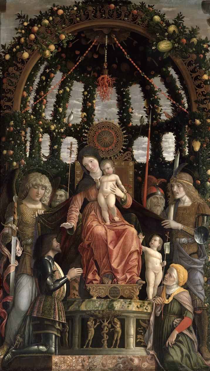 De Maagd van de Overwinning of De Madonna en Kind op de troon met zes heiligen en aanbeden door Gian-Francesco II Gonzaga door Andrea Mantegna